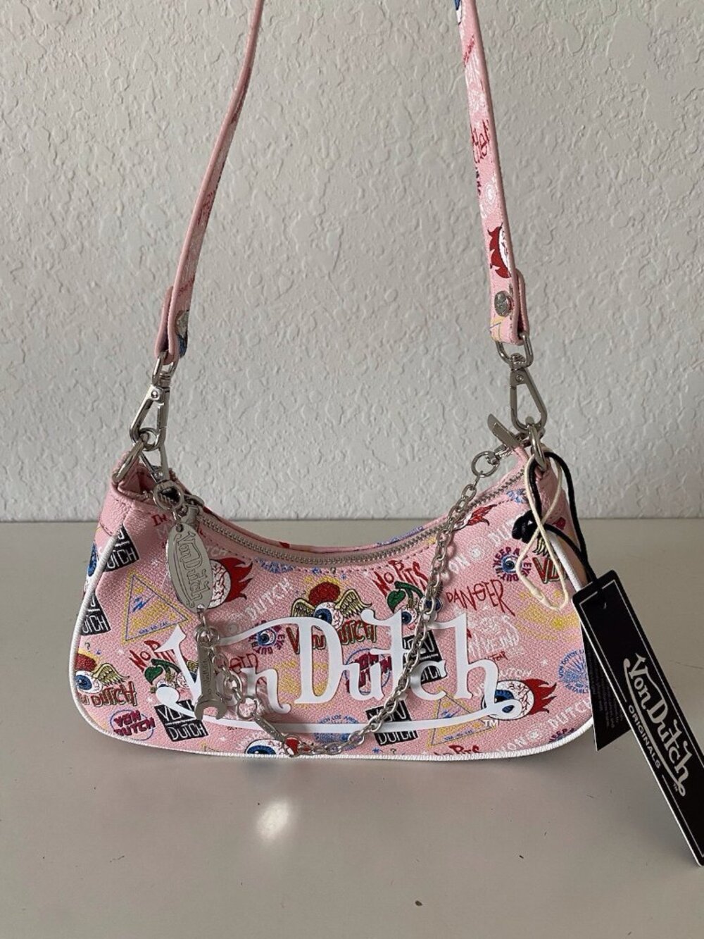 Von Dutch Pink Jax‎ Eyeball Logo All Over Shoulder Bag W/Charms NEW